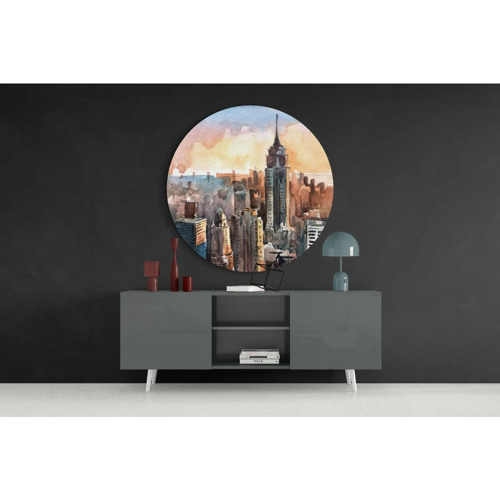 Empire State Building tempered glass art with sunset skyline