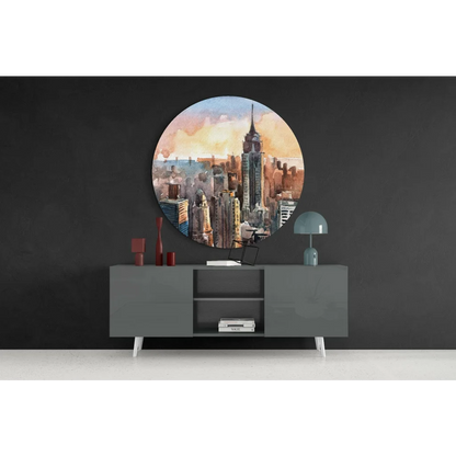 Empire State Building tempered glass art with sunset skyline