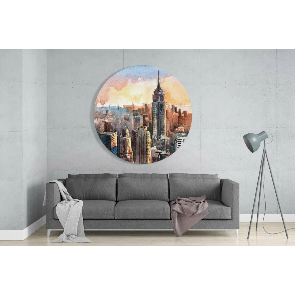 Circular watercolor Empire State Building skyline on tempered glass art