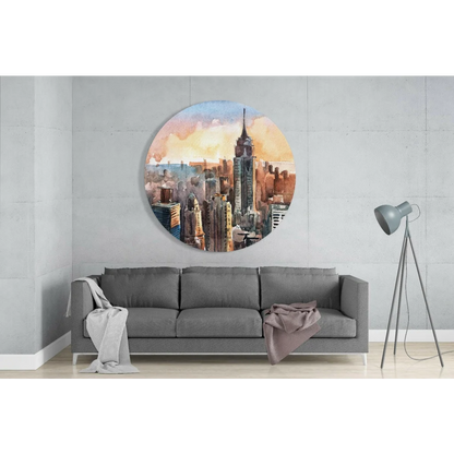 Circular watercolor Empire State Building skyline on tempered glass art