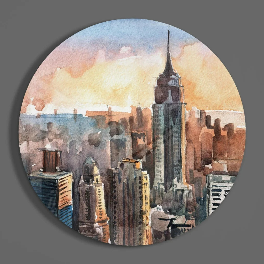 Circular watercolor Empire State Building on tempered glass art with sunset skyline
