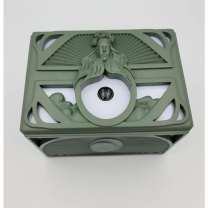 Decorative sage green Art Nouveau box with female bust and black knob from Enchanted Mermaid Treasure Boxes