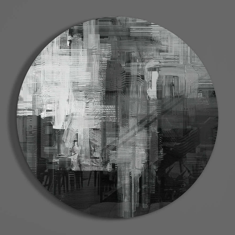 Circular black white gray brushstrokes on tempered glass art talisman