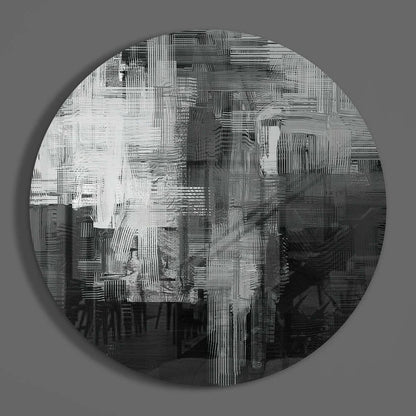 Circular black white gray brushstrokes on tempered glass art talisman