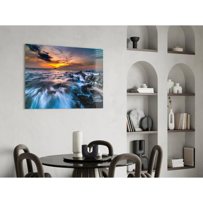 Vibrant sunset ocean on glossy glass wall art print