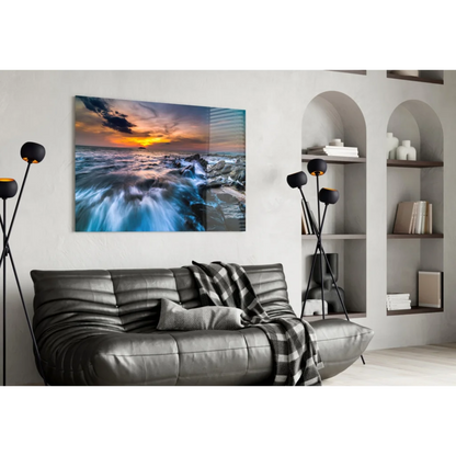 Vibrant sunset ocean glass wall art with crashing waves and orange purple sky