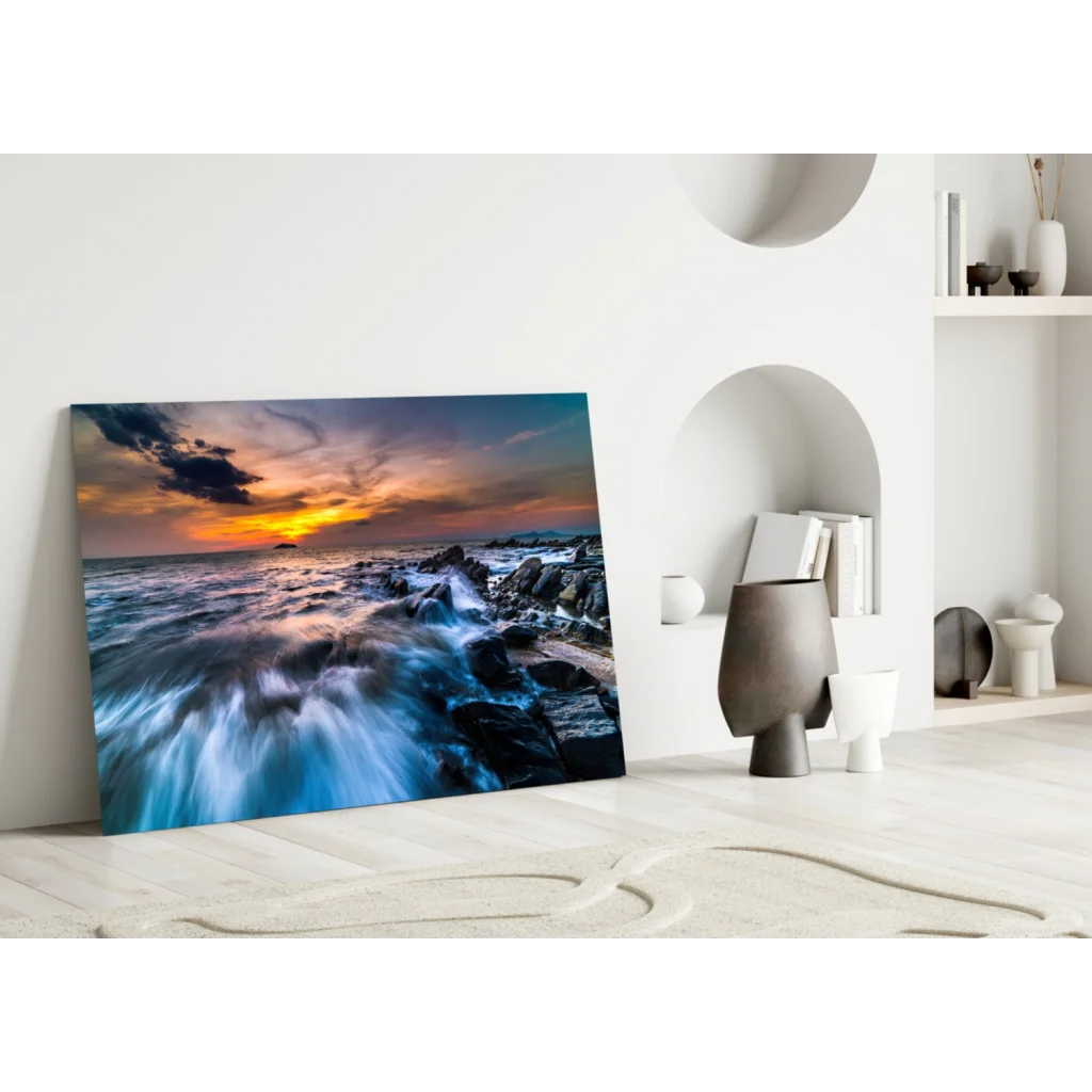 Vibrant sunset ocean glass wall art print with crashing waves and colorful sky