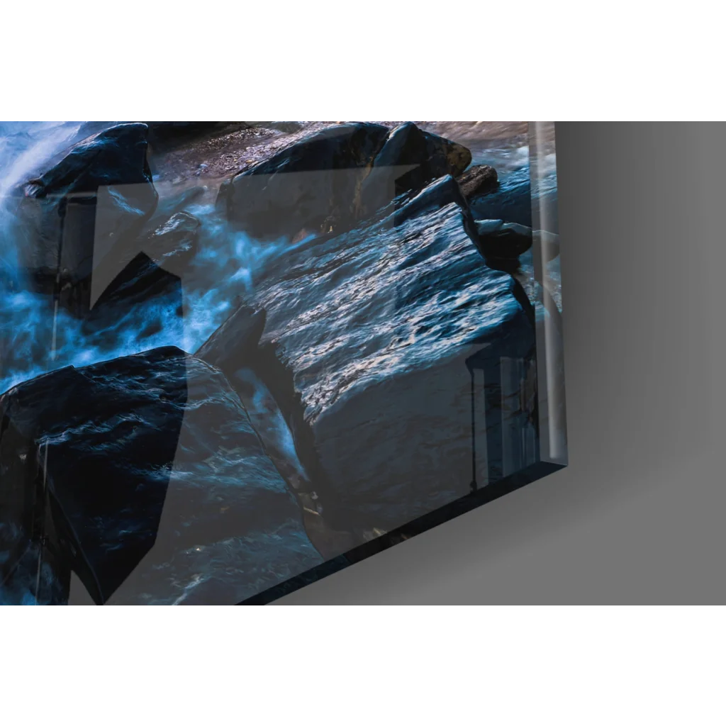 Dynamic blue waterfall glass wall art print on sleek framed canvas