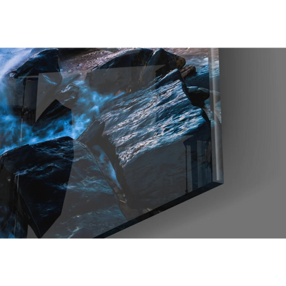 Dynamic blue waterfall glass wall art print on sleek framed canvas