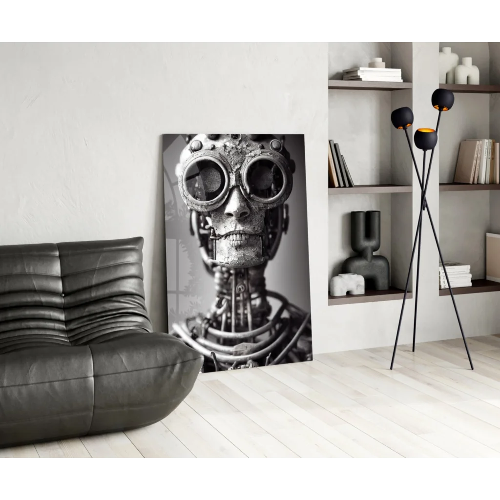 Steampunk robot skull glass wall art with metallic goggles and gears