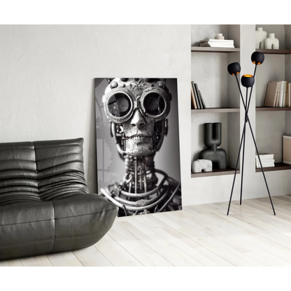 Steampunk robot skull glass wall art with metallic goggles and gears
