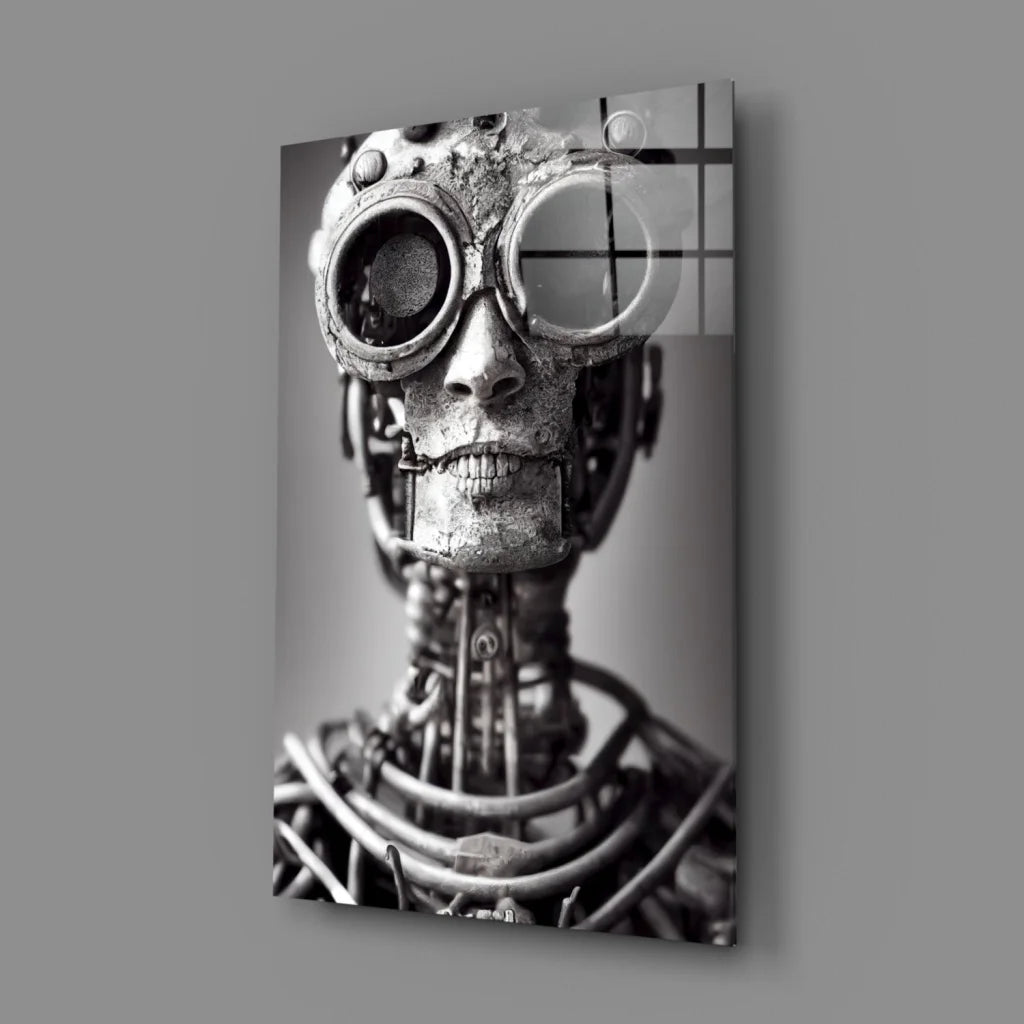 Steampunk Robot Skull Glass Wall Art with Mechanical Gears | Glass Wall Art Print | vintageantiquesgifts.com