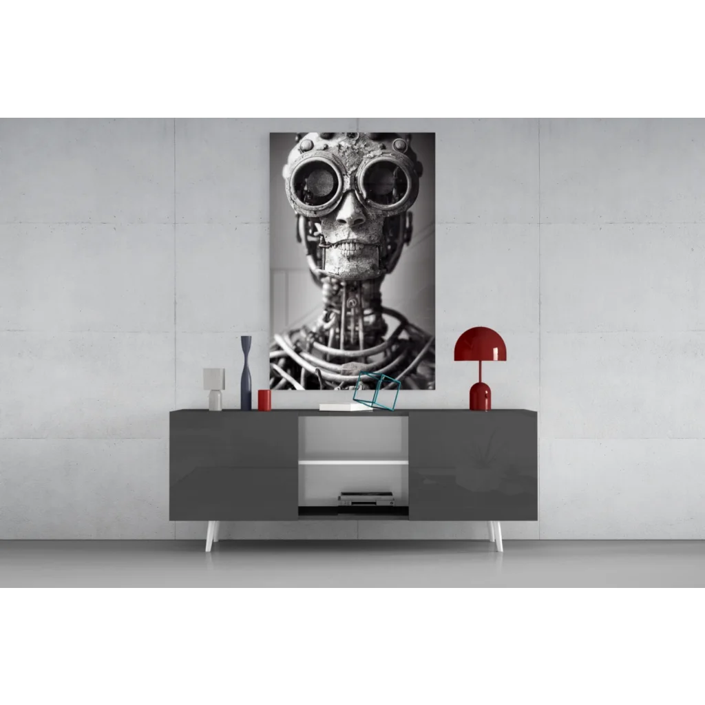 Steampunk robot skull glass wall art with gears and goggles