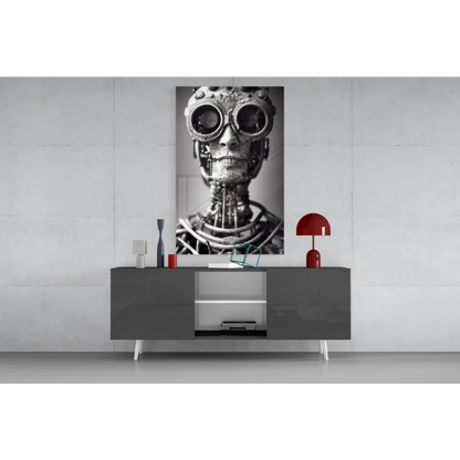 Steampunk robot skull glass wall art with gears and goggles