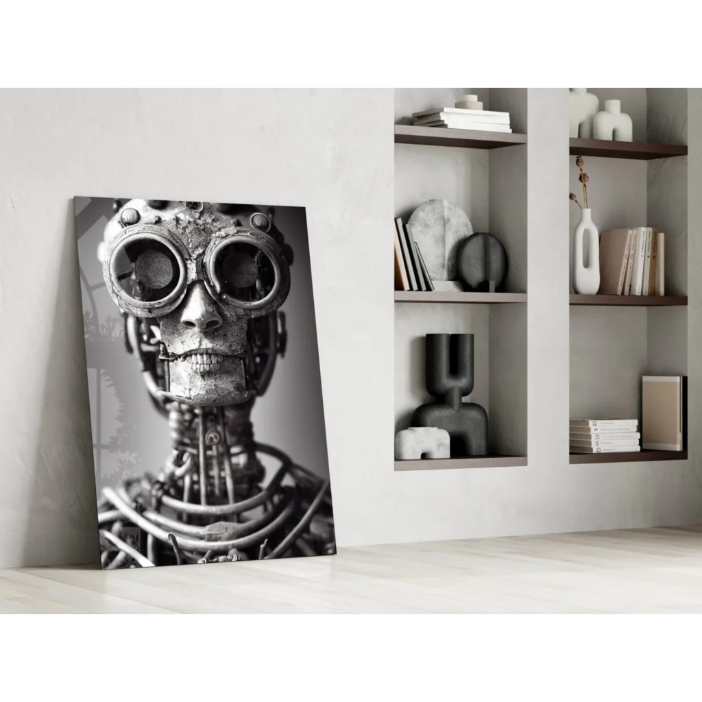 Steampunk robot skull glass wall art with gears and goggles
