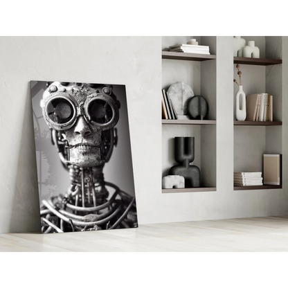 Steampunk robot skull glass wall art with gears and goggles