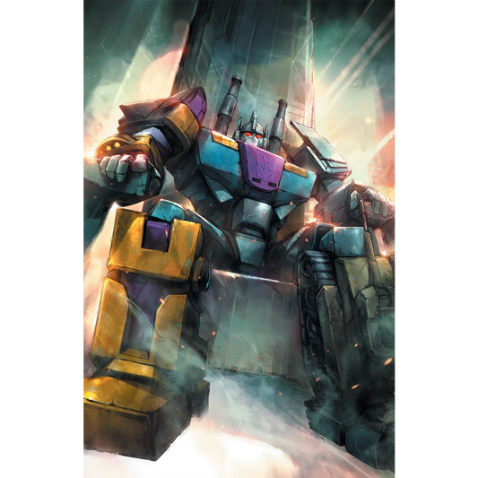 A towering armored transformer robot with purple and teal metal body yellow shoulder armor and glowing red eyes in ivan tao energon universe comic book