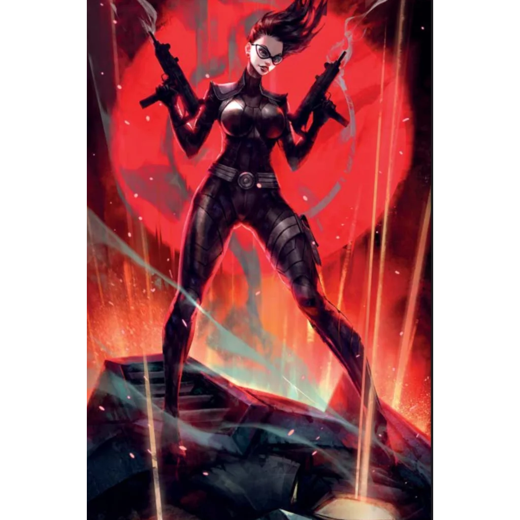 Energon Universe action scene with woman in black tactical suit holding two submachine guns