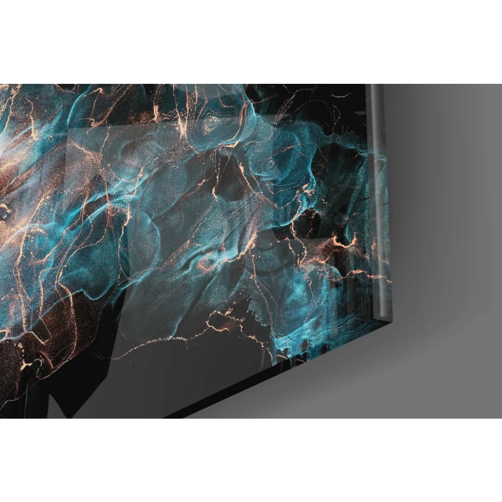 Cosmic Teal and Copper Swirl glass wall art on sleek TV
