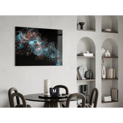 Modern cosmic teal and copper swirl wall art on white wall