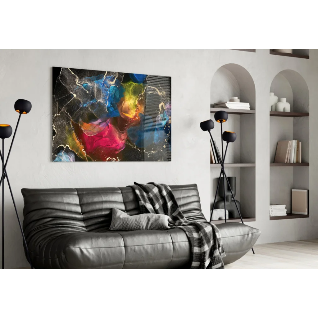 Swirling Galaxy Glass Wall Art with Metallic Gold Bursts | Contemporary Home Wall Art | vintageantiquesgifts.com