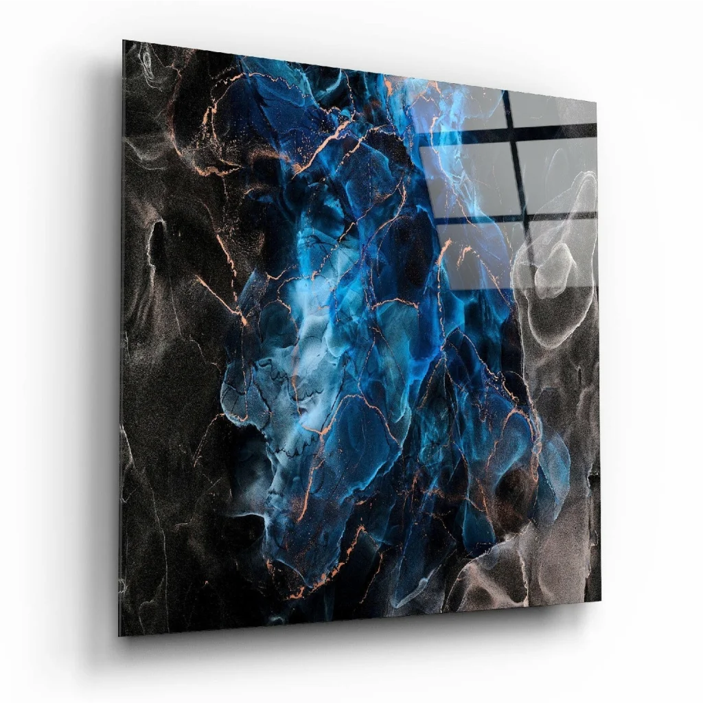 Stunning blue abstract glass wall art with copper veins