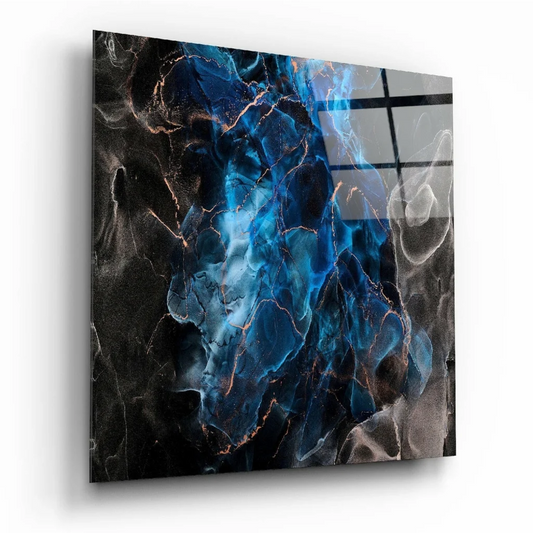 Stunning blue abstract glass wall art with copper veins