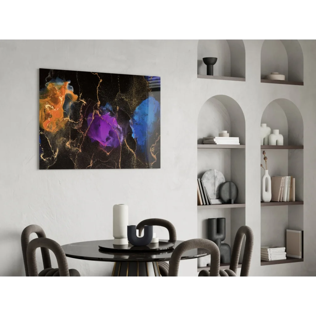 Vibrant cosmic swirl glass wall art with orange, purple, blue hues and gold marble accents