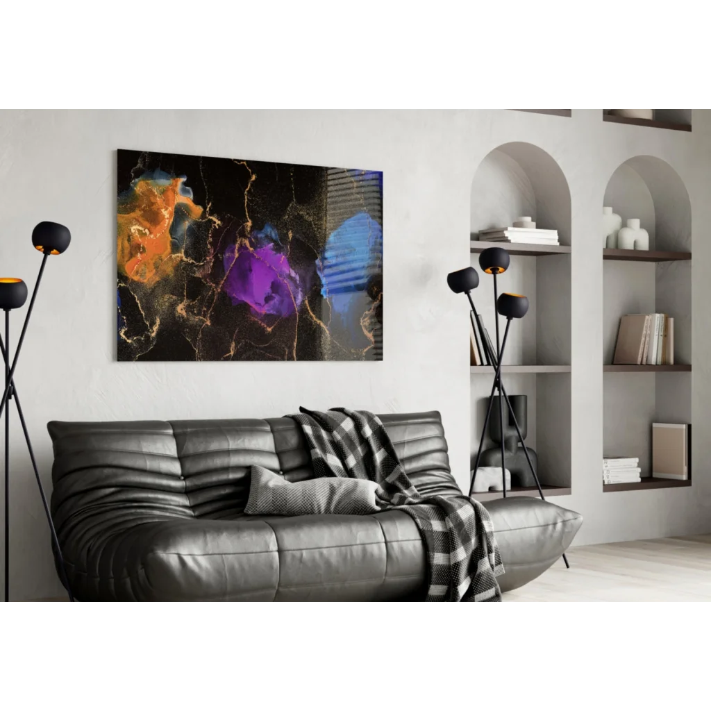 Vibrant cosmic swirl glass wall art with orange, purple hues and gold marble accents