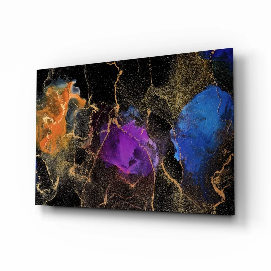 Vibrant cosmic swirl glass wall art with orange, purple, blue hues and gold marble accents