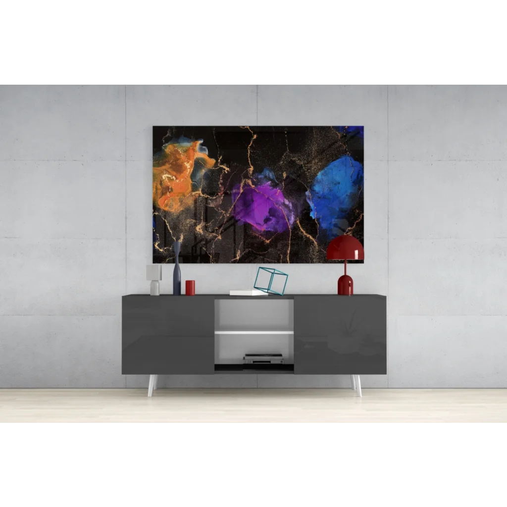 Vibrant cosmic swirl glass wall art with orange, purple, blue hues and gold marble accents