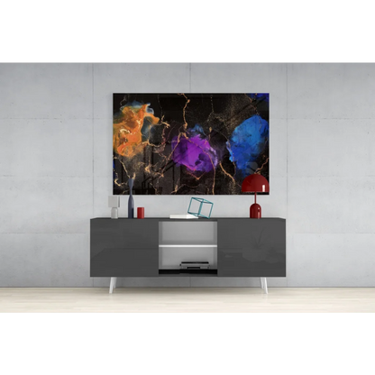 Vibrant cosmic swirl glass wall art with orange, purple, blue hues and gold marble accents
