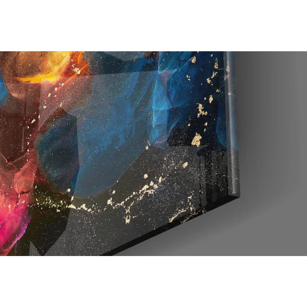 Swirling galaxy glass wall art with cosmic blue orange pink hues and gold bursts