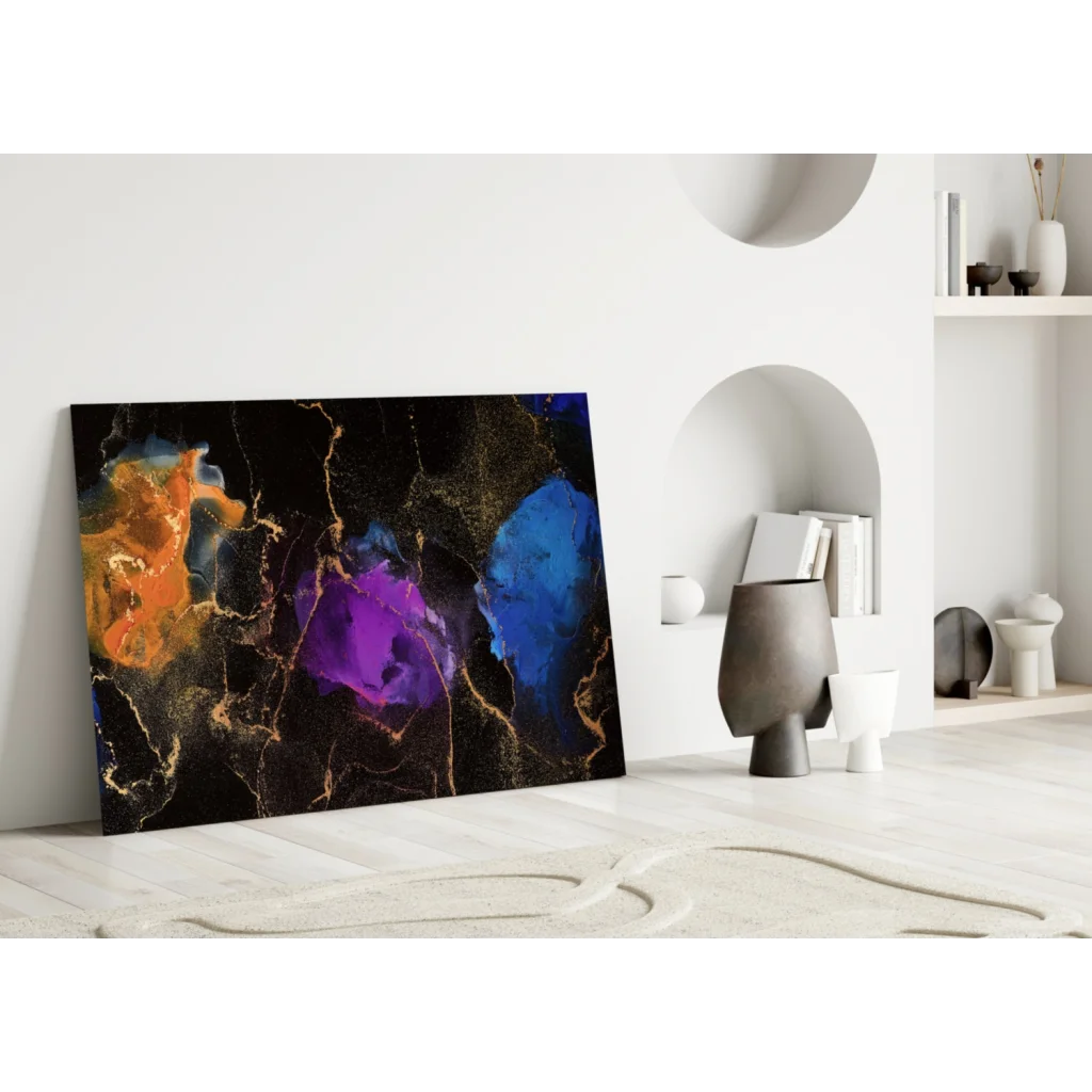 Vibrant cosmic swirl glass wall art in orange, purple, blue on black with gold marble accents