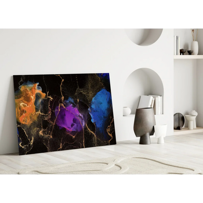 Vibrant cosmic swirl glass wall art in orange, purple, blue on black with gold marble accents
