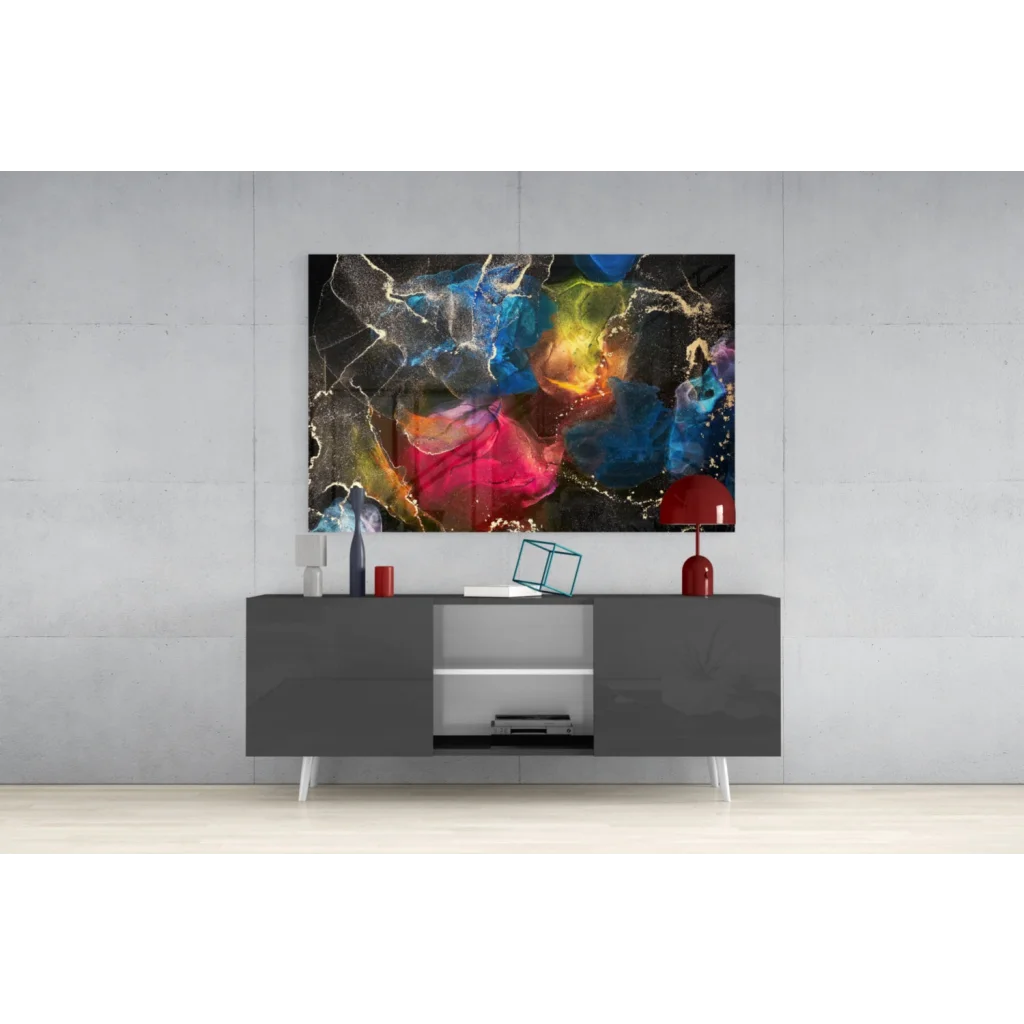 Vibrant swirling galaxy glass wall art with blue, pink, yellow hues and gold bursts
