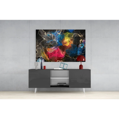 Vibrant swirling galaxy glass wall art with blue, pink, yellow hues and gold bursts