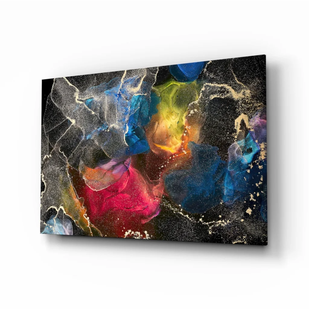 Swirling Galaxy Glass Wall Art with Metallic Gold Bursts | Insigneart USA | vintageantiquesgifts.com