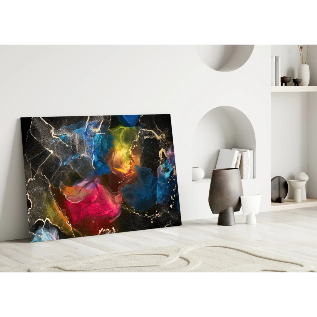 Swirling Galaxy Glass Wall Art with Metallic Gold Bursts | Modern Wall Art Decor | vintageantiquesgifts.com