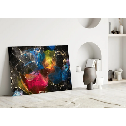 Swirling Galaxy Glass Wall Art with Metallic Gold Bursts | Modern Wall Art Decor | vintageantiquesgifts.com