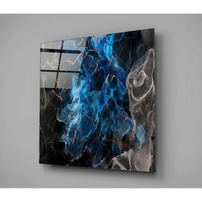 Vibrant blue and black glass wall art with gold metallic veins