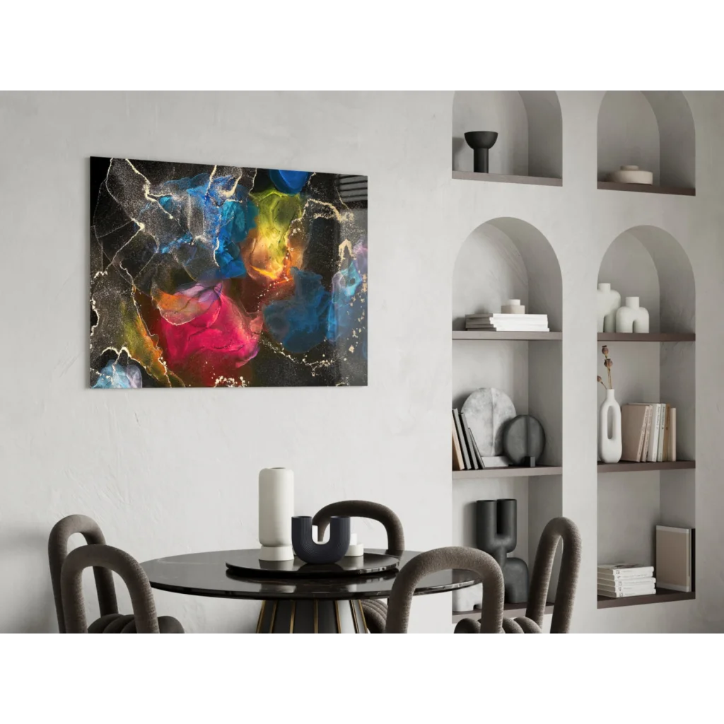 Vibrant swirling galaxy glass wall art with blue, red, yellow, and gold bursts