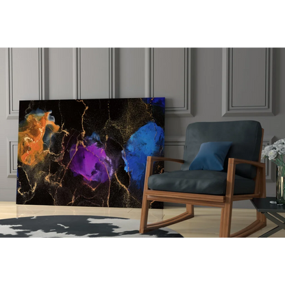 Vibrant cosmic swirl glass wall art with gold marble accents in orange, purple, blue