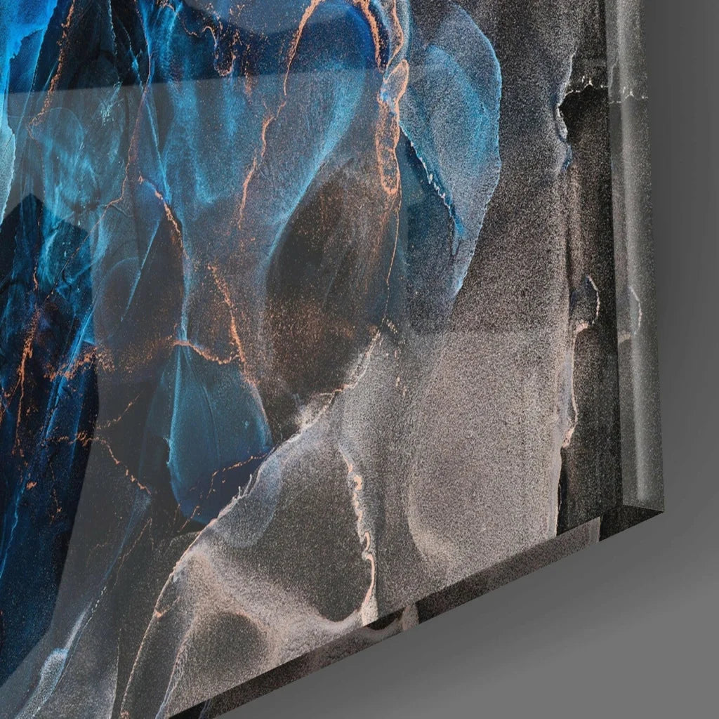 Stunning blue abstract glass wall art with metallic copper veins
