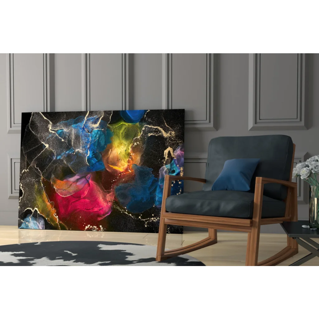 Vibrant swirling galaxy glass wall art with blue, red, yellow, purple hues and metallic gold bursts