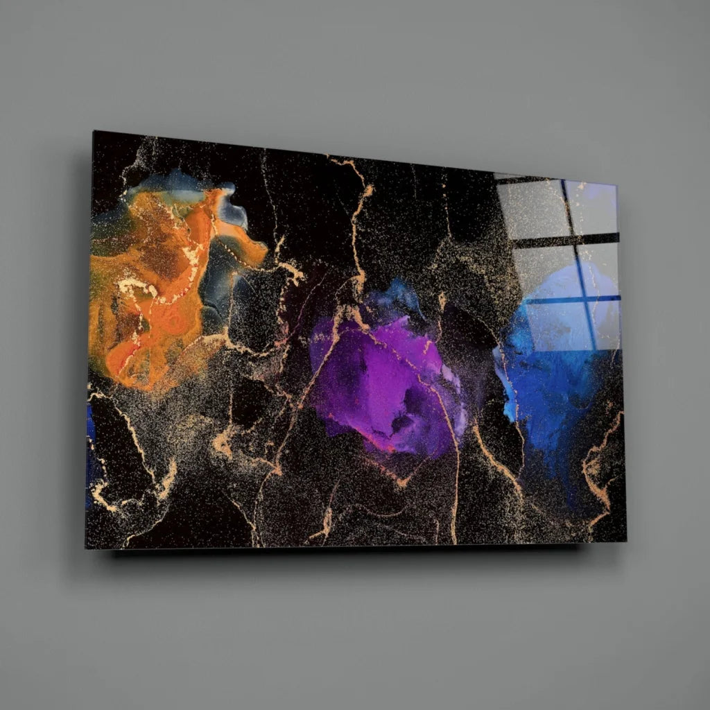 Cosmic swirl glass wall art with gold marble accents in orange, purple, blue hues