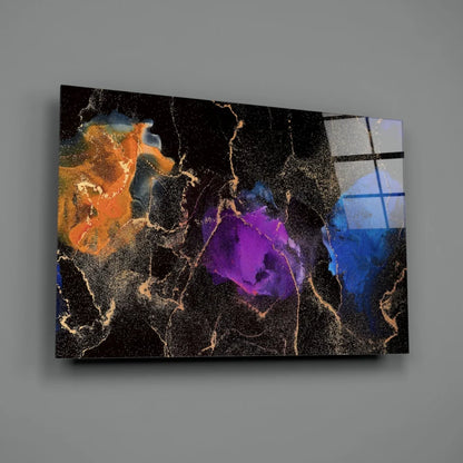 Cosmic swirl glass wall art with gold marble accents in orange, purple, blue hues