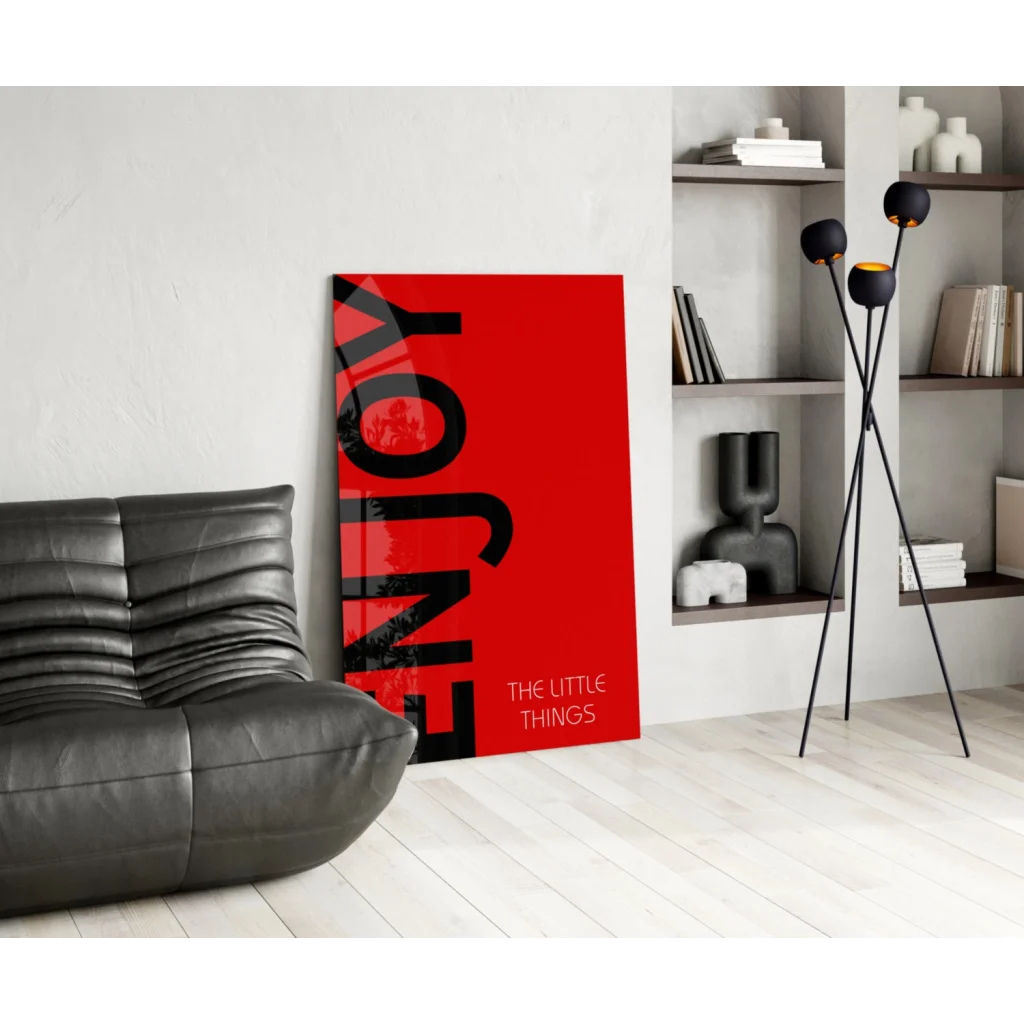 Red canvas wall art with enjoy the little things text