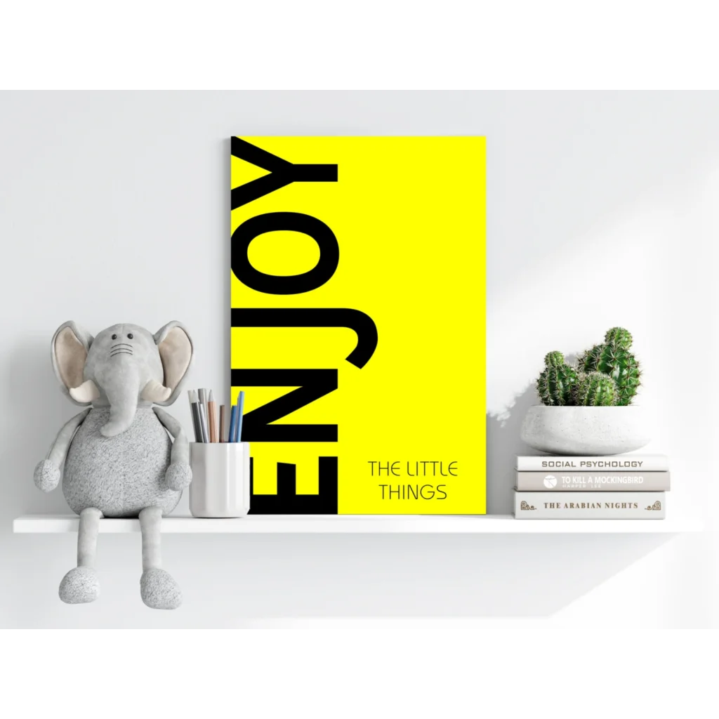Yellow Enjoy the Little Things aluminum wall print on white shelf