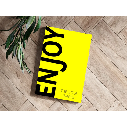 Yellow Enjoy the Little Things aluminum wall print on wood floor